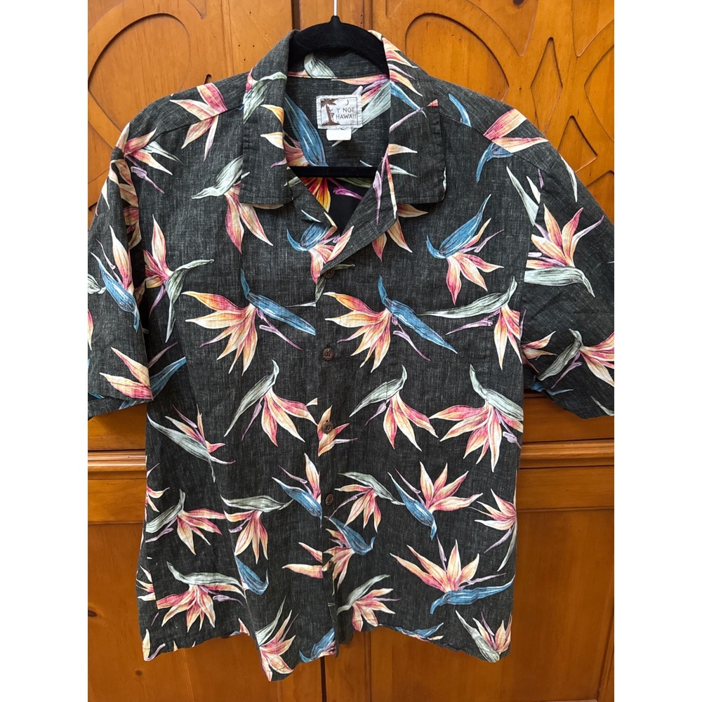 Y Not Hawaii Mens XL Bird of Paradise Floral Aloha Shirt Black Cotton Made USA